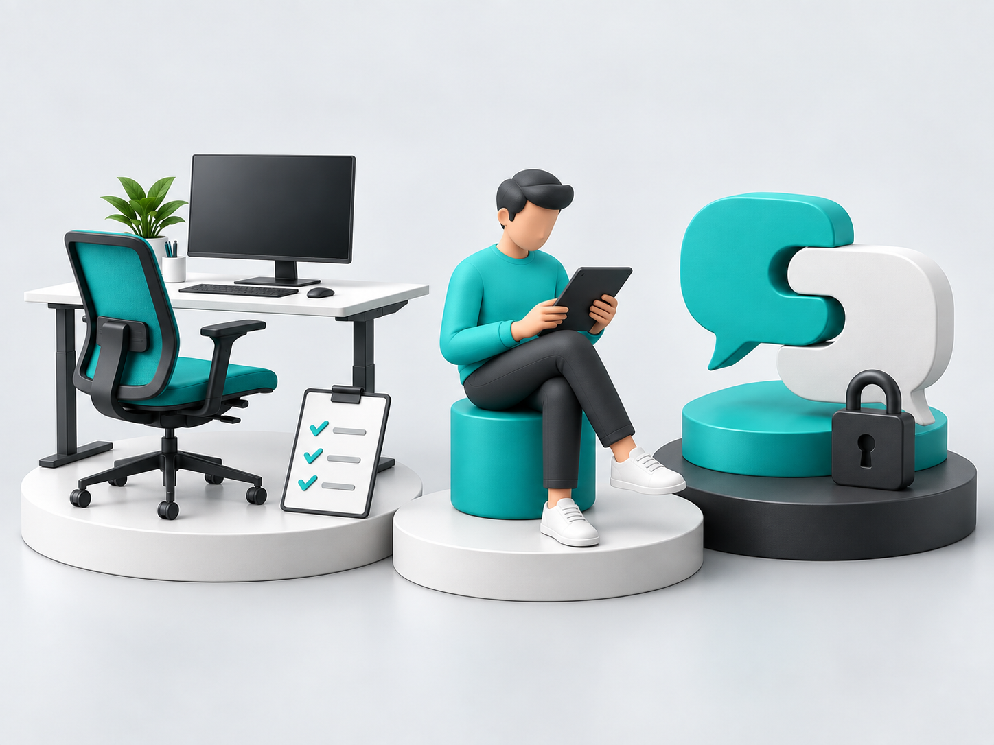 Ilustração de AEP, cursos EAD e ouvidoria: posto de trabalho, pessoa estudando pelo tablet e balões de conversa com cadeado
